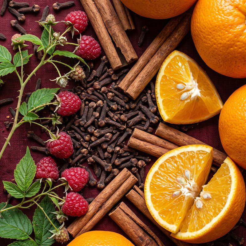 Christmas Cottage scent notes composition — Valencia orange, raspberry, clove and spice